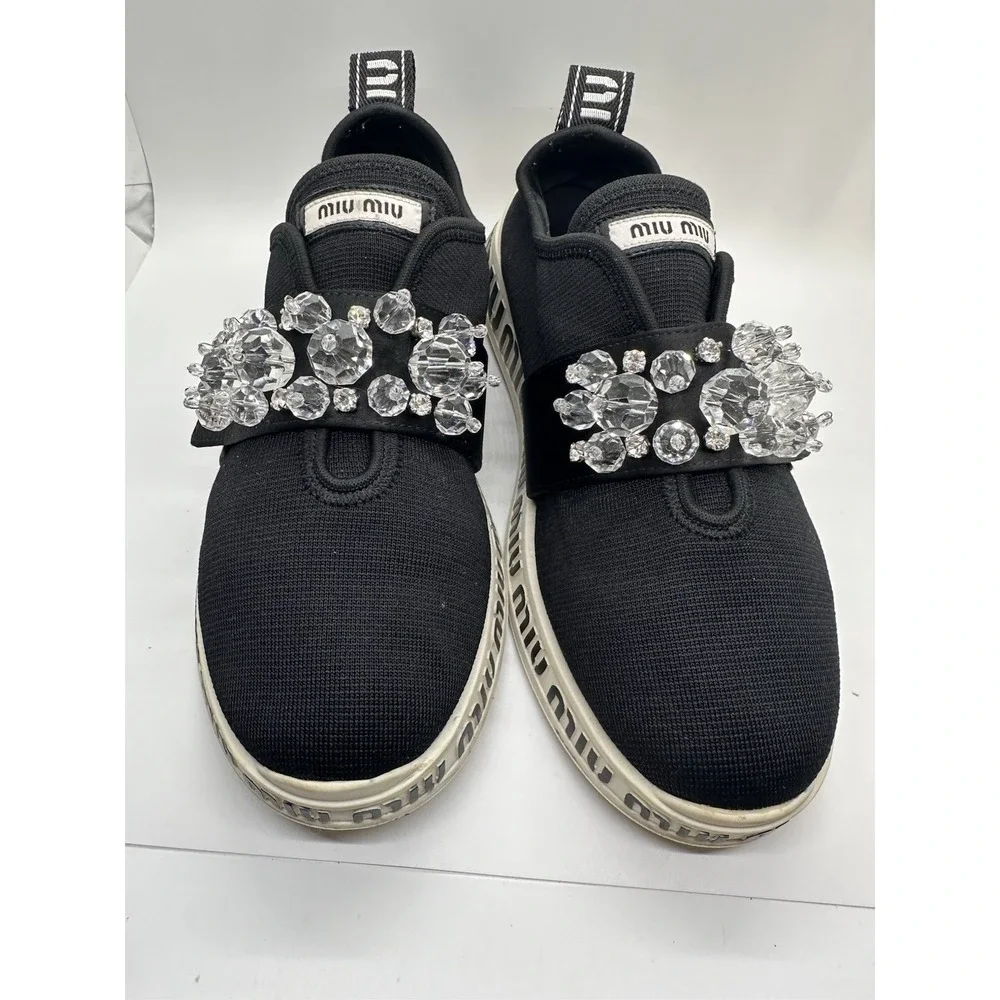 Miu Miu Black Fabric and‎ Satin Crystal Embellished Slip On Sneakers Size 40